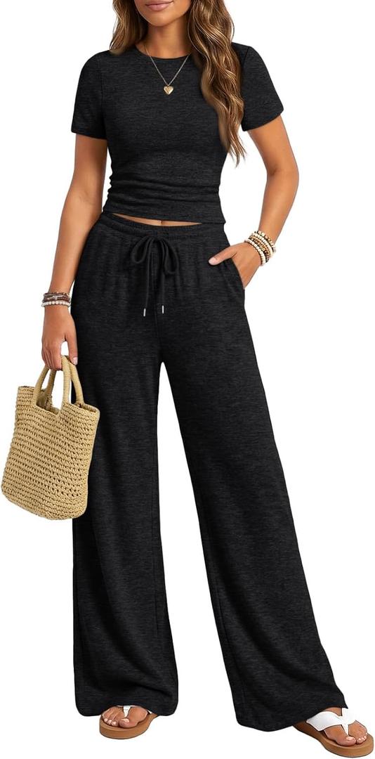 Trendy Queen Womens 2 Piece Lounge Matching Sets Wide Leg Pants Crew Neck Short Sleeve Shirt Sweatsuits, M