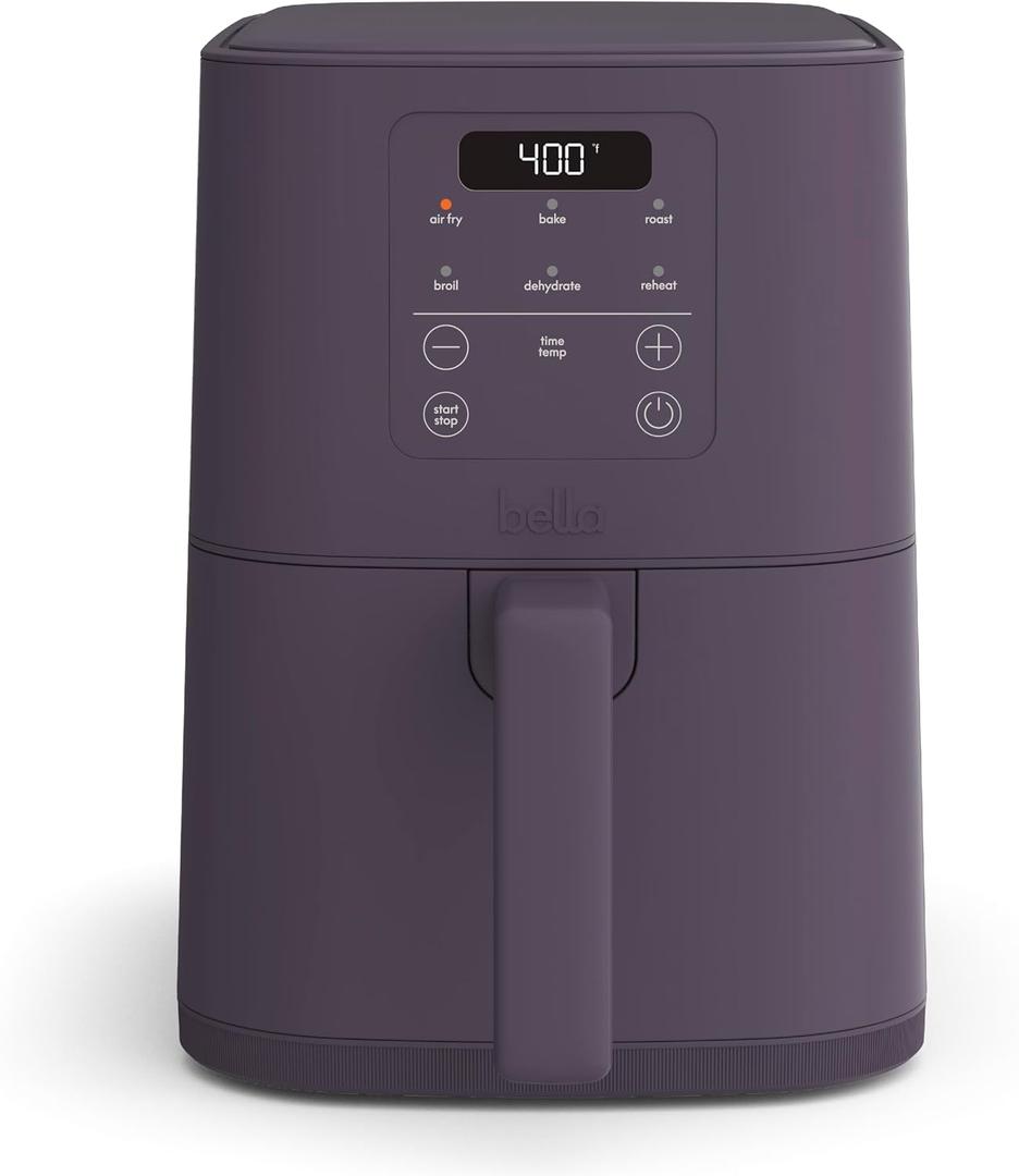 bella 4Qt Slim Air Fryer, Fits-anywhere Kitchenware, EverGood Ceramic Nonstick Coating, Adjustable Temperature, 6 Preset Cooking Options, 60 Min Auto Shutoff w Audible Tone, 3.3lb Capacity, Plum