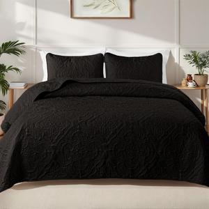 Exclusivo Mezcla Quilts King Size Bedspread with 2 Pillow Shams, Lightweight Black King Quilt Bedding Set with Vintage Damask Pattern, Soft Bedspreads Coverlets for All Seasons (King (104"x96"))