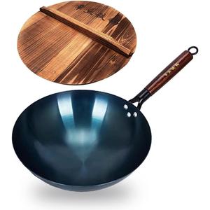 14 Inch Hand Hammered Carbon Steel Wok, Round Bottom Traditional Chinese Wok with Wooden Handle & Lid, Uncoated Non-Stick Wok for Home Cooking, Camping & Gift