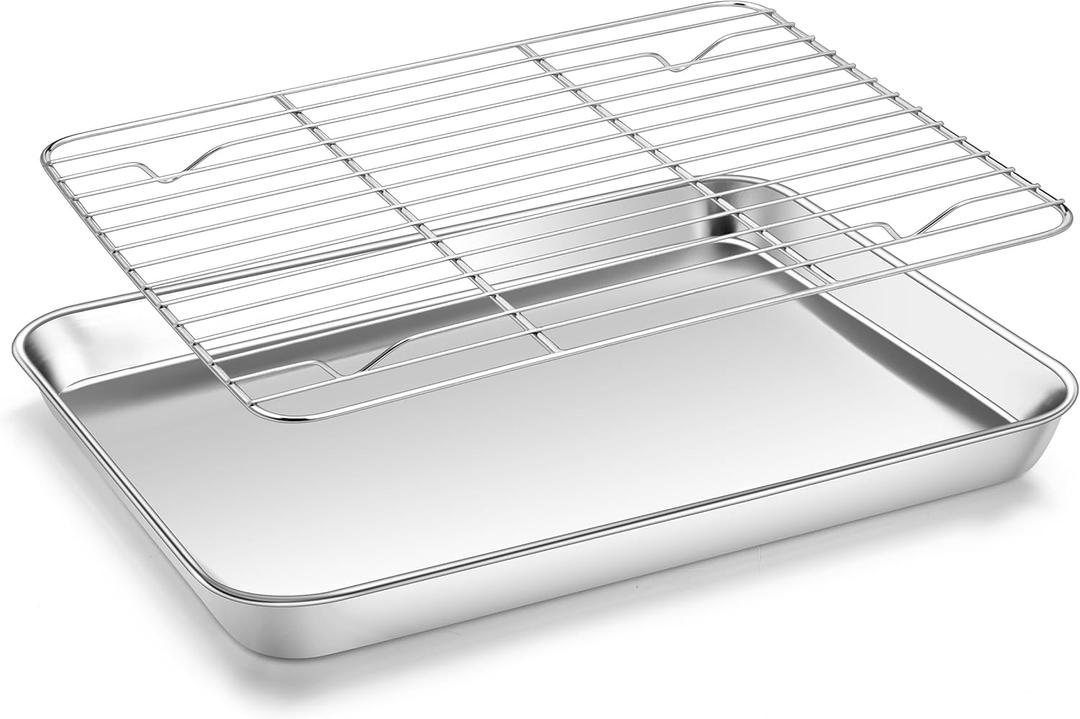Homikit Baking Sheet with Rack, 9x13 Stainless Steel Quarter Sheet Pan with Wire Cooling Rack Set for Toaster Oven Roasting, Metal Bacon Cookie Trays Nonstick & Rust Free, Dishwasher Safe (12.4x9.6x1)