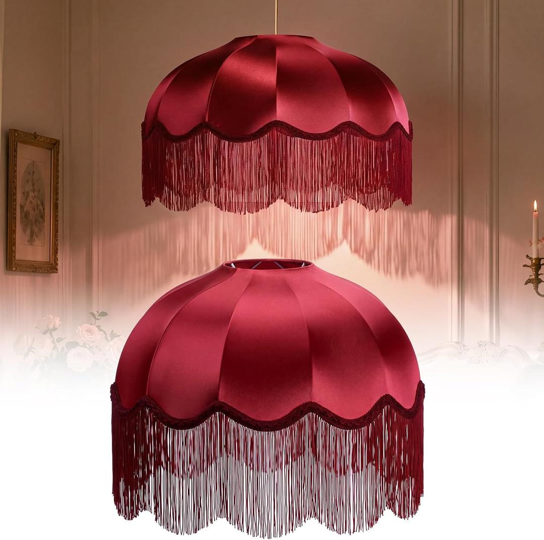 VIHOSE Victorian Scallop Lamp Shade Red 15.75"b × 11"h Fringe Lamp Shade