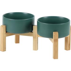 Havniva 6.1 Dog Bowls Elevated Ceramic Dog Food and Water Bowl Set, Double Raised Dog Water Bowl with Stand Non-Slip Rubber Base Two Heights Large Capacity Pet Food Bowl for Small & Medium Dogs (Matte Dark Green - 2 Bowls+Stand)