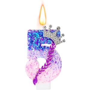 Sumind Kpop Birthday Number Candles, Purple Pink Birthday Candles for Cake, Glitter Number Cake Topper with Sequins for Celebrating Anniversary Theme Decorations(Braid Crown,5)