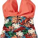 SUUKSESS Women Sexy Tummy Control One Piece Swimsuits Halter Push Up Bathing Suits, Coral Pink Leaf (Medium)