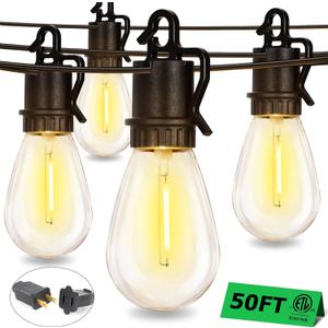 50FT Outdoor String Lights with 25 Shatterproof S14 Vintage Edison Bulbs E12 Sockets, 2700K Dimmable Outdoor Lights, IP55 Waterproof LED String Lights for Outside, Patio, Garden, Backyard, Bistro