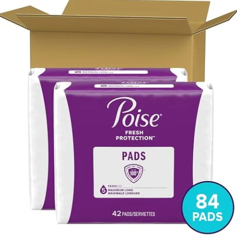 Poise Incontinence & Postpartum Pads for Bladder Leaks, 5 Drop Maximum Absorbency, Long Length, 84 Count