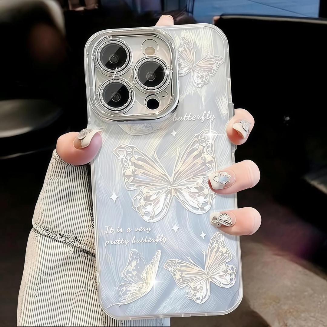 2 x for iPhone 16 Pro Max Butterfly Design Case, Cute Bling Shiny Glitter Camera Shockproof Protective Phone Cases Cover for Women Girls (Blue)