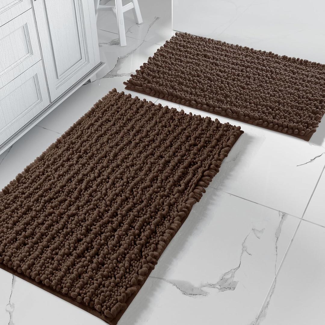 Yimobra Bathroom Rugs Sets 2 Piece - Luxury Chenille Shaggy Bath Mat, Super Absorbent & Non Slip & Quick Dry, Soft Thick Bathroom Carpet for Tub Shower Floor, Machine Washable, 32x20+24x17 Inch, Brown