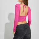 Selene Womens Y2K Long Sleeve Sexy Backless Crop Tops Square Neck Tie Back Slim Fit Going Out T Shirt Top (Pink, M)