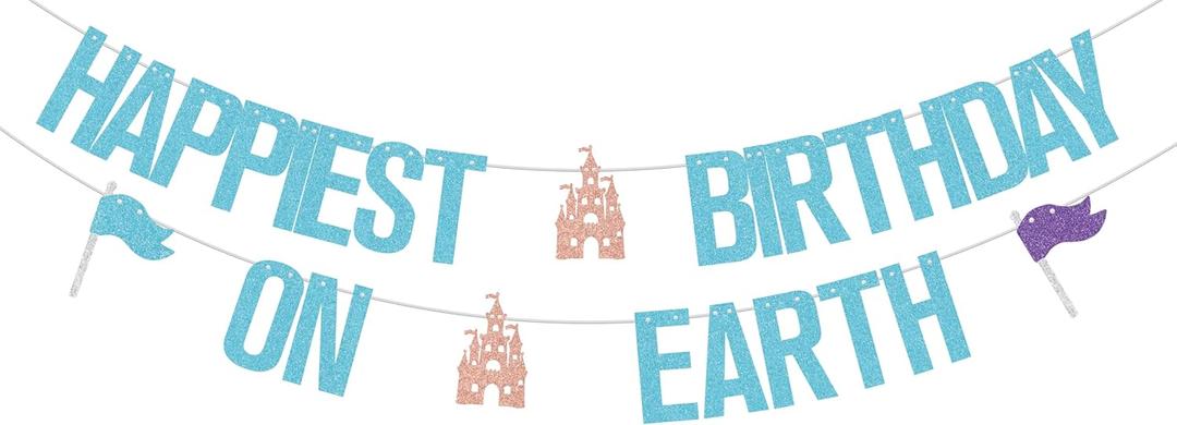 Happiest Birthday On Earth Banner,Castle Theme Bday Banner,Princess Birthday Party Decorations,Baby Shower Party Supplies for Girls Blue
