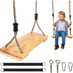 NOSTIFY Wooden Swing Seat, Nostalgic Outdoor Wood Swing for Kids , Tree Straps Set Accessories for Backyard Patio Garden Playground, Height Adjustable