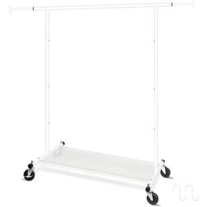 Fishat 63" H Heavy Duty Simple White Rolling Clothing Garment Rack, Metal Hanging Clothes Organizer with Lockable Wheels, Bottom Shelves for Shoes Organization, Dorm Bedroom Home Balcony, with 2 Hook
