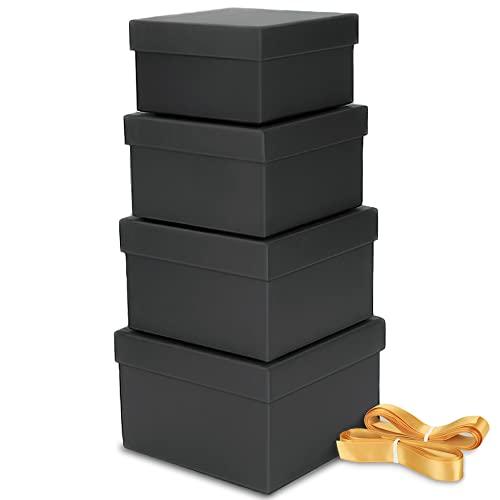 Bengnkes Black Gift Box Small Gift Boxes with Lids for Presents 4 Packs Square Luxury Nesting Gift Boxes with 17ft Ribbon for Birthday Bridesmaid Wedding Christmas Proposal