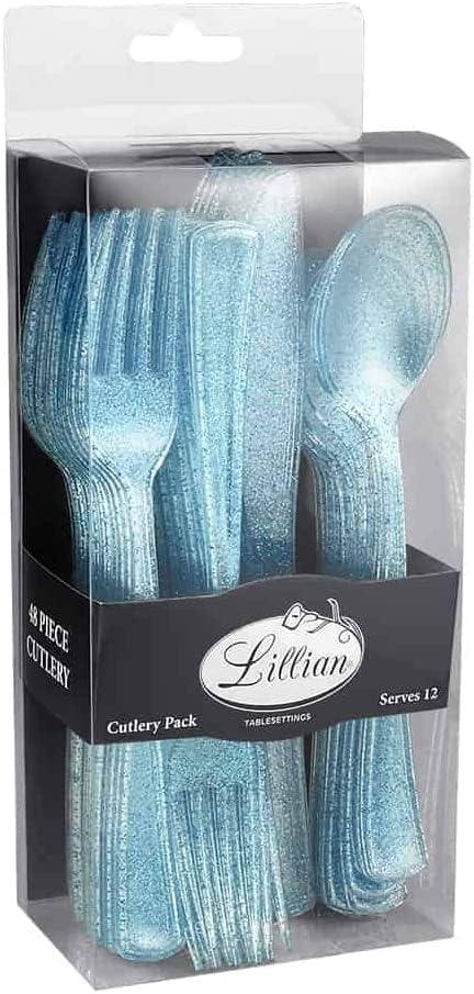 Premium Blue Glitter Plastic Cutlery Set (Pack of 48) - Disposable Flatware Set, Perfect Party Supplies for Birthday Parties, Baby Shower, Dinner & Everyday Home Use