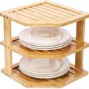Plate Organizer for Cabinet and Kitchen Countertop, 3-Tier Bamboo Corner Shelf - Space Saver, 3 Tier Shelf for Dishes, Bowls, Bread Storage in Pantry & Bathroom (9.5, Natural)