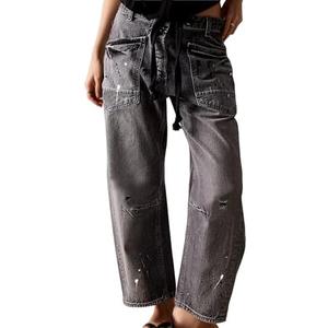 Barrel Jeans Women Trendy Low Rise Drawstring Baggy Jeans Vintage Pant Casual Wide Leg Horseshoe Demin with Pockets L