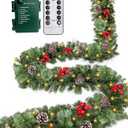 Remote Control - 18FT Long Prelit Outdoor Christmas Garland 100 Warm White & Colorful Lights Timer 12 Mode Thick 490 Branches 15 Pinecone 165 Berry Christmas Cedar Garland for Stairs Porch Front Door