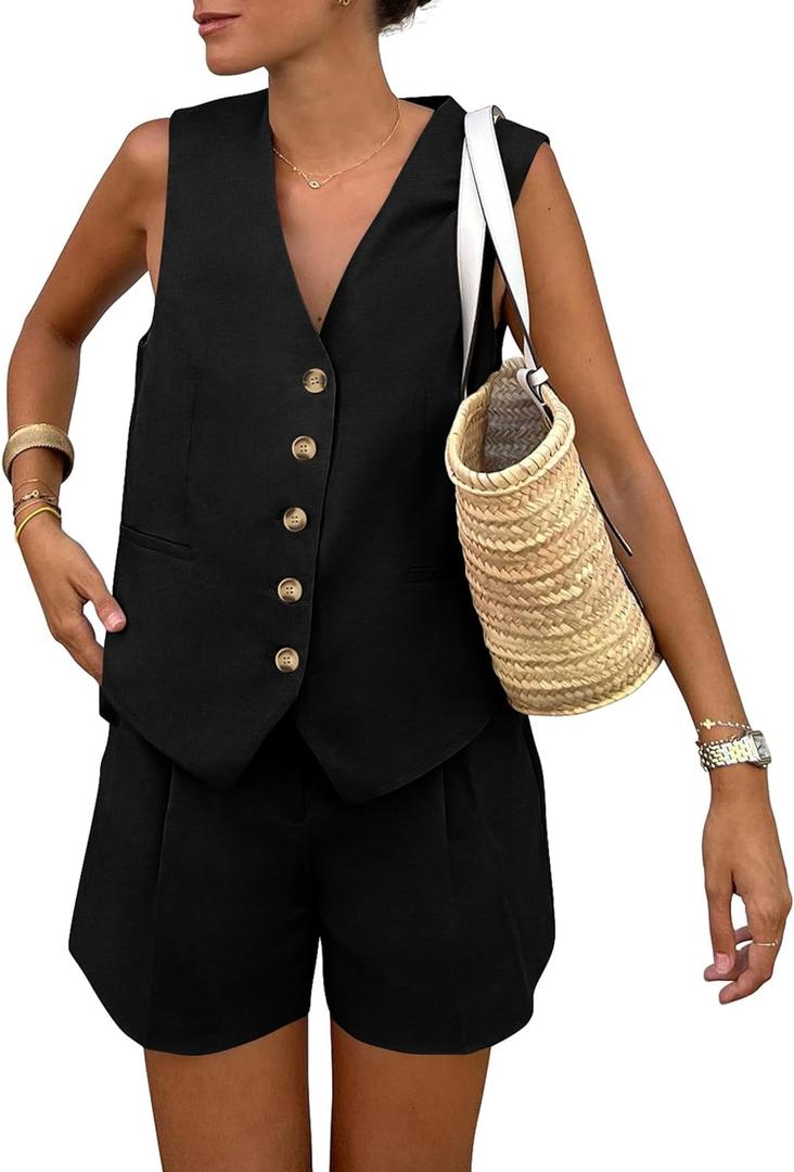 PRETTYGARDEN Women's Summer 2 Piece Outfits Sleeveless Matching Sets Button Down V Neck Vest Waistcoat and Pockets Shorts (Medium, Black)