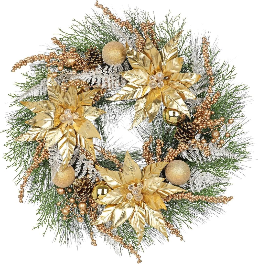 Artificial Christmas Wreath for Front Door - 24 Inch Winter Wreaths Gold Poinsettia with Pine Cones & Ornaments Faux Greenery Wreath for Wall Window Porch Farmhouse Home Holiday Indoor Outdoor Decor