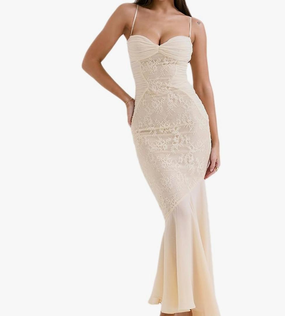 meilun Elegant Mesh Wedding Guest Dress Flowy Ruffle Bodycon Maxi Dress Fishtail Long Formal Dress (M)