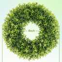 22 Inch Artificial Boxwood Wreaths for Front Door, Summer Door Wreath with Sash, Spring Green Wreath Weatherproof for Wall Window Porch Farmhouse Wedding Decor All Year Round Indoor Outdoor