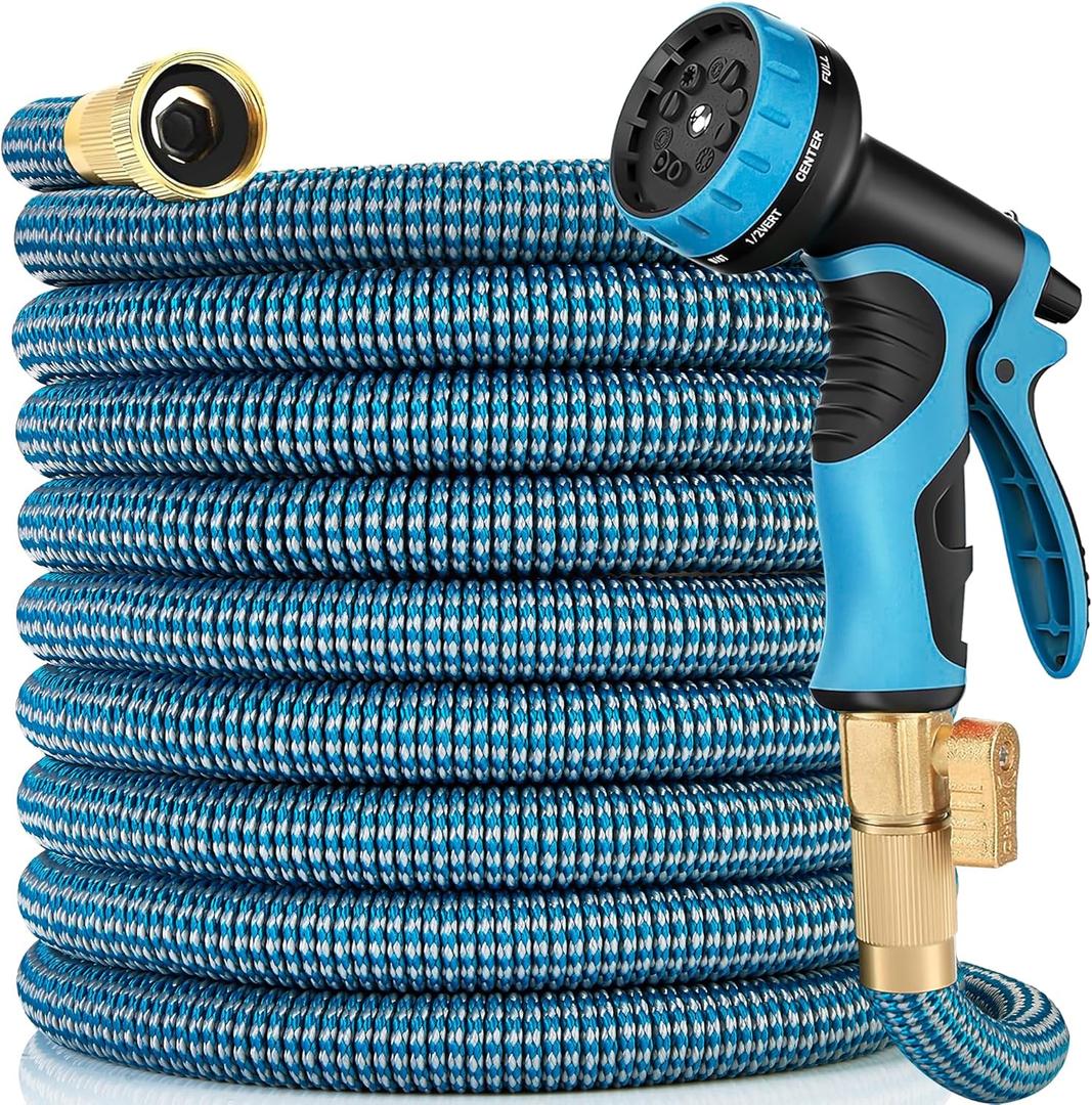 50 FT Garden Hose -2026 Newly Upgraded Expandable Garden Hoses with 10 Function Spray Nozzle, Extra Strength Fabric, Pure Brass 3/4'' Fittings, Leak-Proof, Lightweight, Kink-Free Hose(Gray Blue)