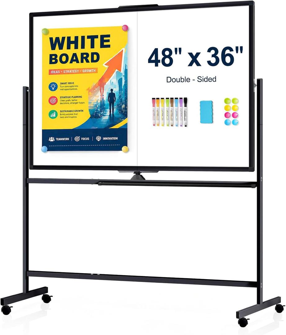 48" X 36" Large Rolling Whiteboard, 360Rotation Magneitic White Board with Stand, Double Sides Whiteboard Easel on Wheels, Big Dry Erase Board for Office, School, Home