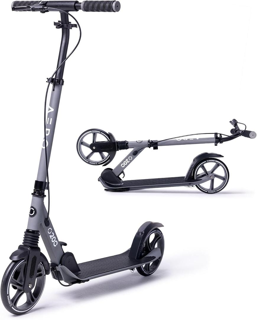 AERO MOBILITY Kick Scooter for Kids 6+, Teens & Adults | Light Up Wheels, Hand Brake, Rubber Deck Mat & Shock Absorption | Foldable & Height Adjustable, A200-Grey (hand brake)