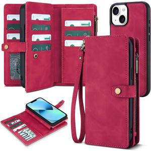 TwoHead Designed for iPhone 13 Wallet Case with Card Holder,Detachable Magnetic Phone Case with Wallet PU Leather Wallet Phone Case for iPhone 13 Case Wallet for Women/Men with Wrist Strap(Wine Red)