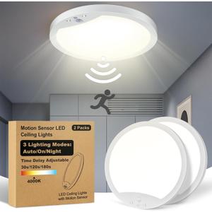 2-Pack 20W Motion Sensor Ceiling Lights Hard-Wired, 9Inch Indoor Motion Activated LED Ceiling Light Fixtures with 3 Modes, 4000K Flush Mount Lights for Closet Stairwell Hallway, NOT Battery Operated (4000K Neutral White)