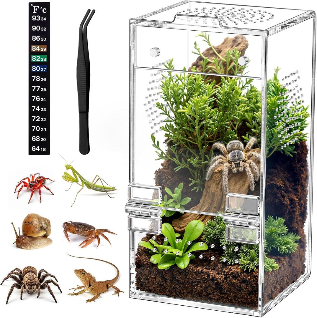 Pre-Assembled Jumping Spider Enclosure, Acrylic Terrarium with Magnetic Door & All-Side Ventilation, Habitat for Spiderling, Mantis, Tarantula, Snail, 3.5"3.5"7" (Tweezer & Temp Sticker Included) (Vertical)