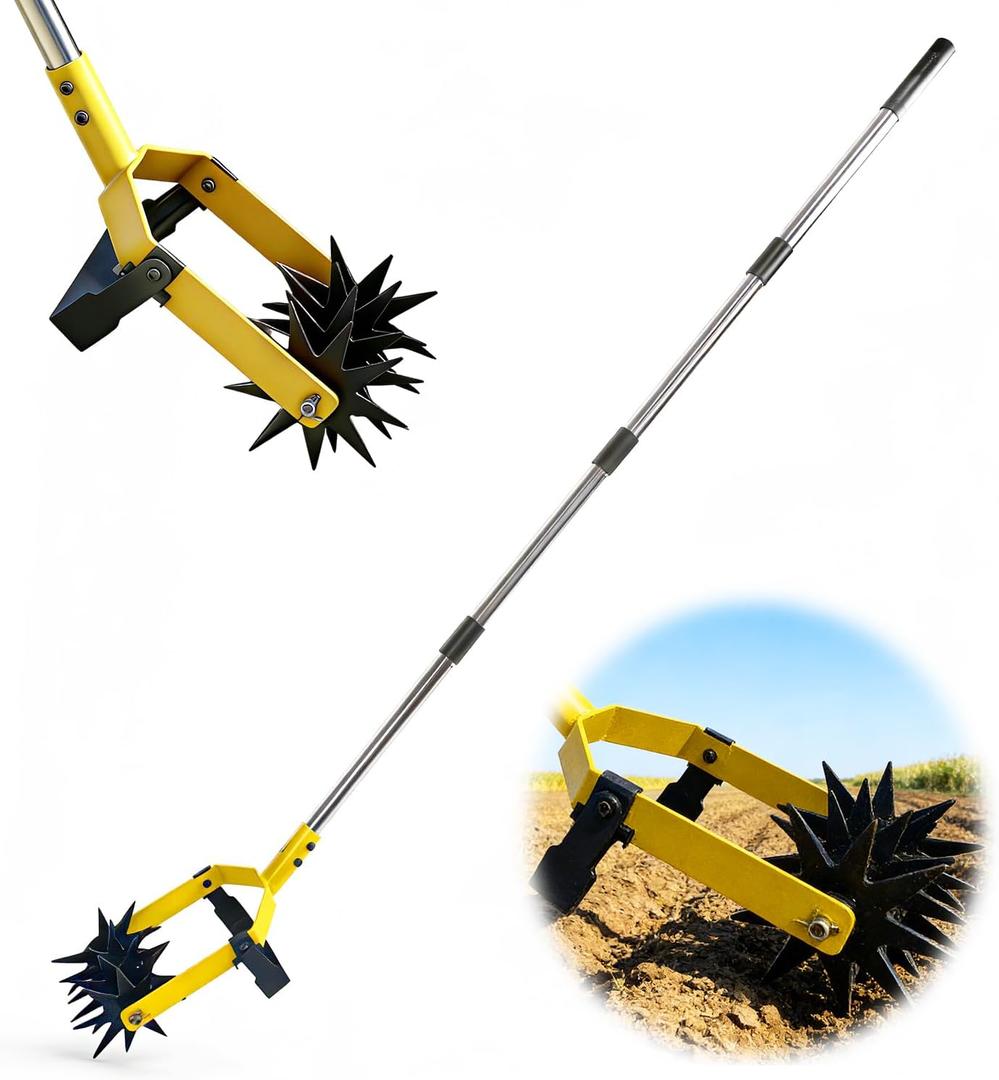 2-in-1 Garden Rotary Cultivator Tool Adjustable Handle Lawn Tools Hand Rotary Tiller for Loosening Soil and Lawn Care, Reseeding Grass, Weeder, Soil Mixing, Manual Yard Tiller (66.9 inch)