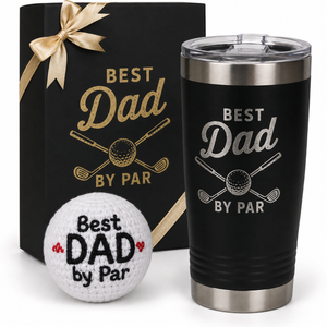 Roshtia Christmas Golf Best Dad by Par Handmade Knitted Crochet Golf Ball & 20oz Stainless Steel Tumbler Present Set Funny Birthday Gifts for Men Golfers Daddy Father Papa