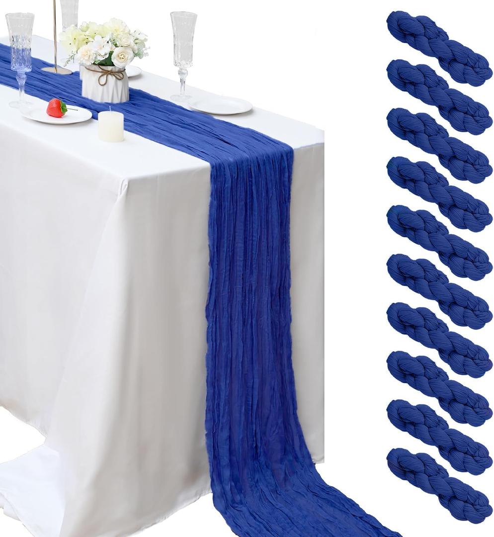 10 Pcs Royal Blue Cheesecloth Table Runner 10FT Boho Gauze Table Runner Romantic Cheese Cloth Table Runners Rustic Sheer Runner for Wedding Engagement Bridal Baby Shower Birthday Party Table Dcor, 10 Pack-23"x120"
