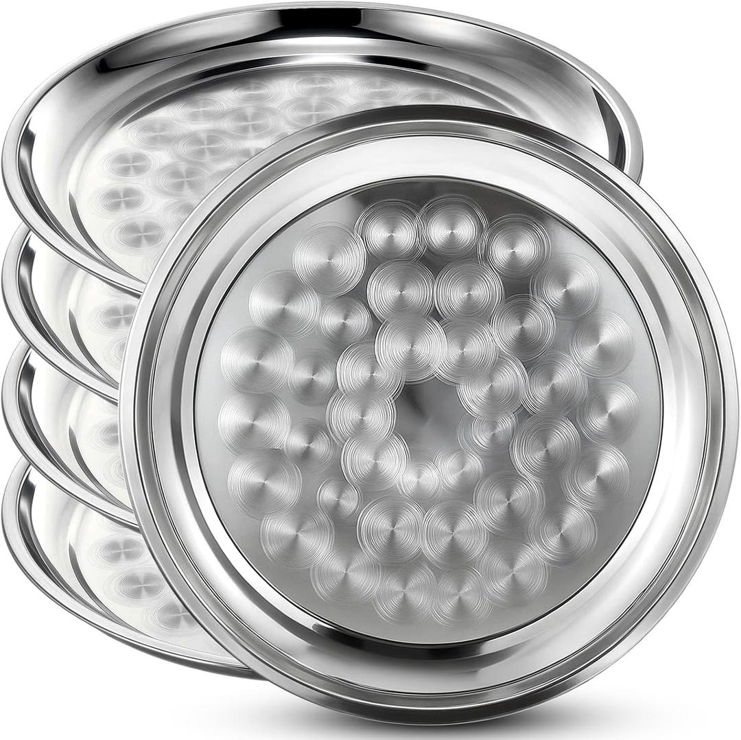 4 Pack Stainless Steel Round Serving Tray with Swirl Pattern Bulk Large Round Tray Silver Metal Display Serving Platter for Coffee Party Club Home (20 Inch)