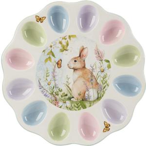 Easter Meadow 12.25-Inch Ceramic Deviled Egg Plate Whimsical Bunny & Floral Design, Perfect for Deviled Eggs, Easter Treats & Small Appetizers Dishwasher Safe