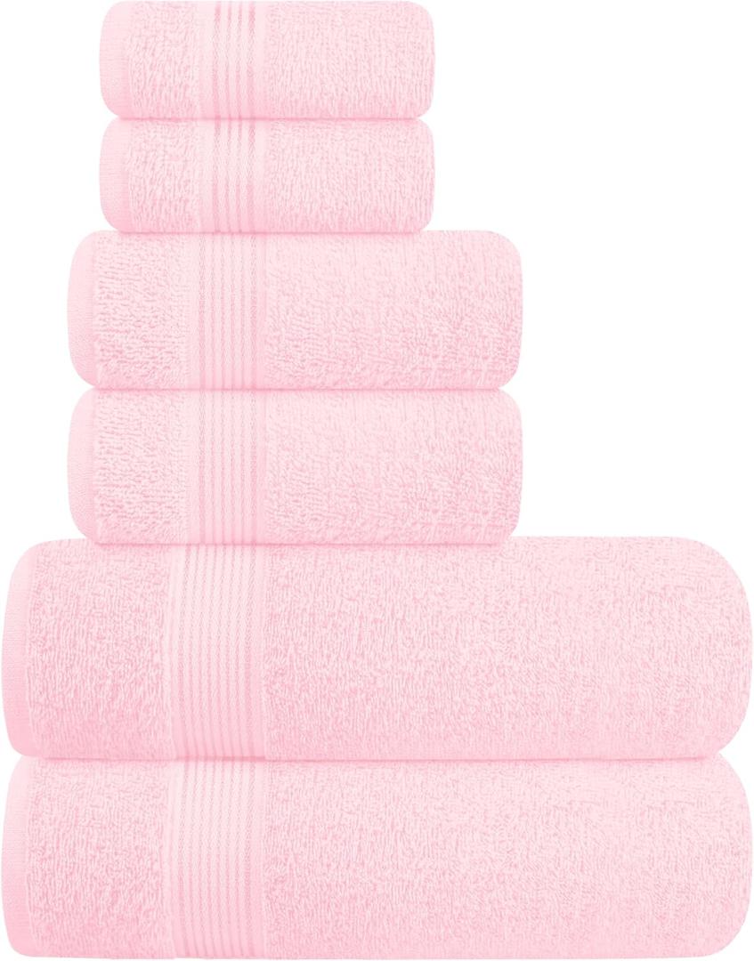 Elvana Home Ultra Soft 6 Pack Cotton Towel Set, Contains 2 Bath Towels 28x55 inch, 2 Hand Towels 16x24 inch & 2 Wash Coths 12x12 inch, Ideal Everyday use, Compact & Lightweight - Pink