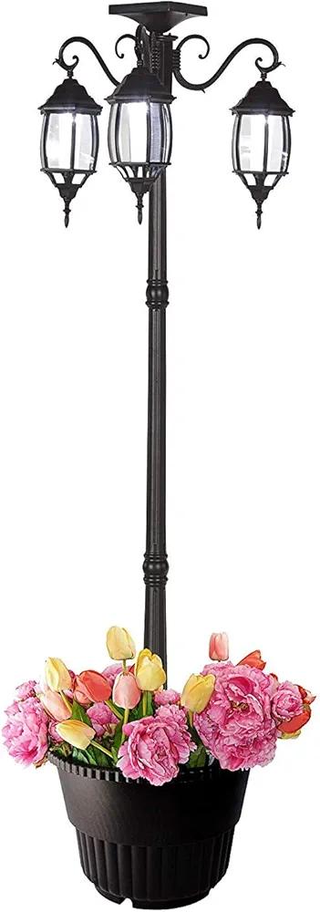 Westcharm Portable 3-Head LED Solar Light Planter for Backyard Patio Porch Outdoor Decoration - 6.7 ft. (80 in.) Black Solar Street Lamp with Planter