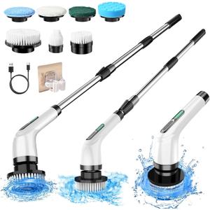 Electric Spin Scrubber with Dual Speed Cordless Cleaning Brush, IPX7 Waterproof Bathroom Scrubber, USB-C Charging, Retractable Handle Shower Scrubber & 3 Brush Head for Bathtub Tile Floor