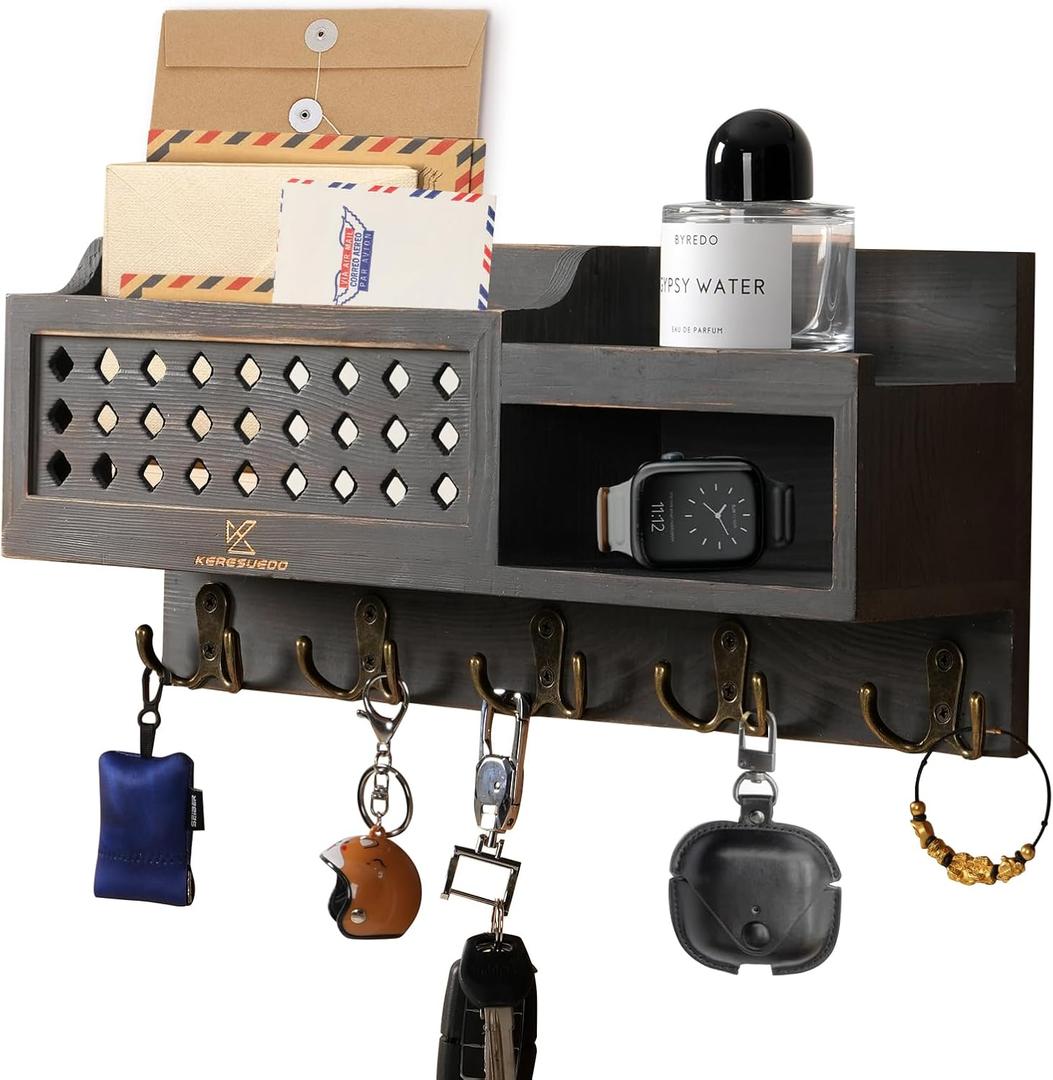 Key and Mail Holder Wall Mount - Mail Organizer Wall Mounted with Hooks and Storage Box, Key Rack for Entryway, Wall Mail Organizer for Home, Modern Farmhouse Decor, Easy Install Key Hanger (Black)