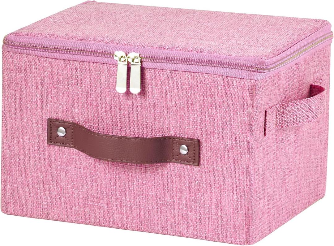 Storage Bins with Zipper Lid Cotton Linen Fabric Lidded Storage Baskets Boxes Foldable Washable Closet Shelf Clothes Organizer Container with PU Leather Handles (Pink, Small)