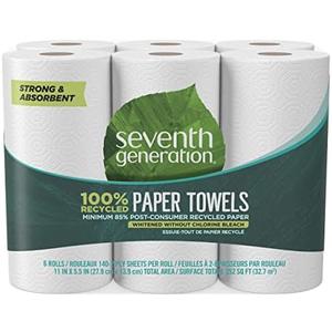 Seventh Generation 100% Recycled Paper Towels, 2 Ply, 140 Sheets, 6 Rolls, Pack of 4