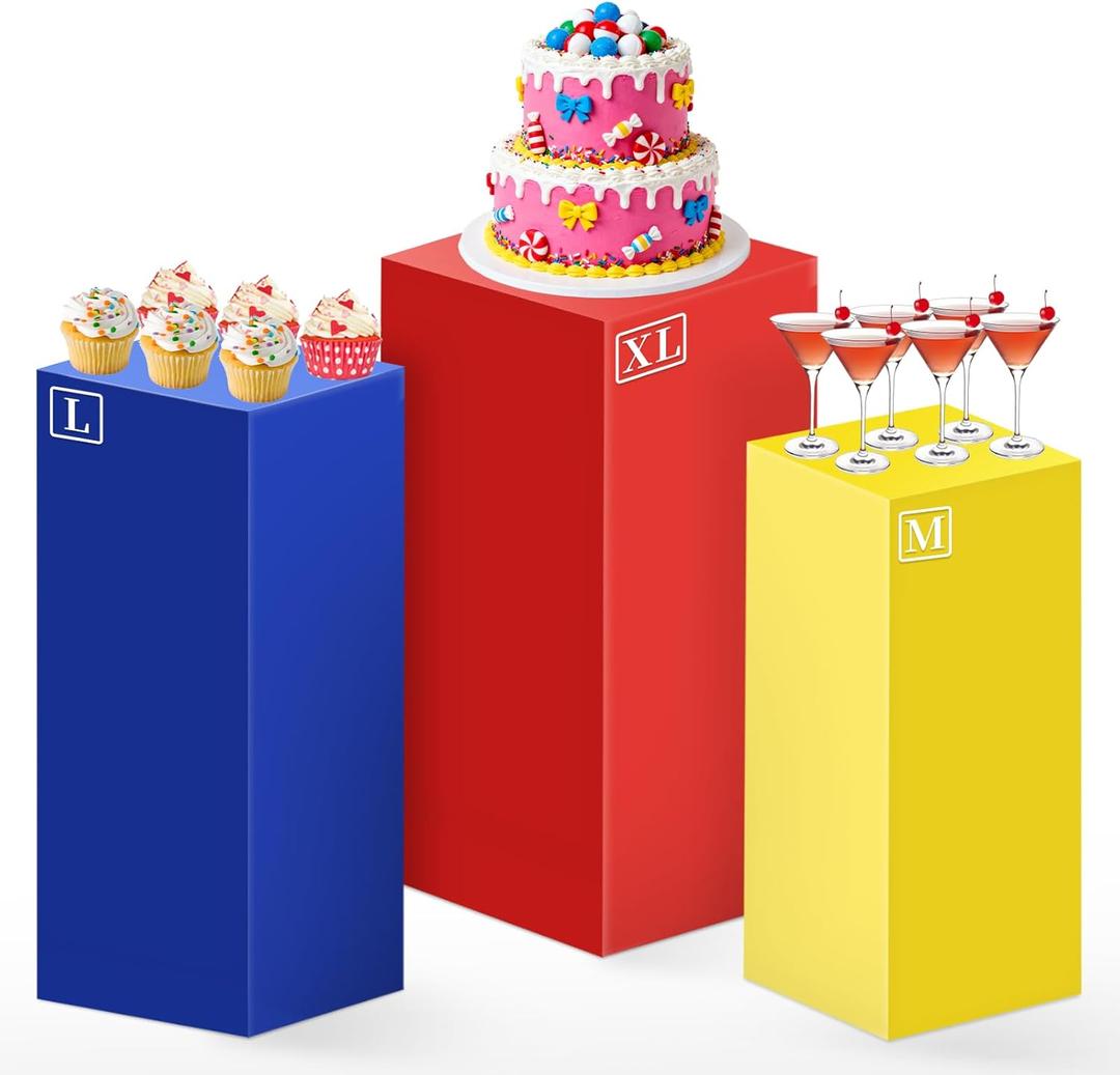 Set of 3 Square Red Yellow Blue Cylinder Stand Covers for Party, Spandex Display Pedestal Covers,Cylinder Pedestal Stand Cover for Christmas Festival Birthday Party Wedding Props Decor (M+L+XL)