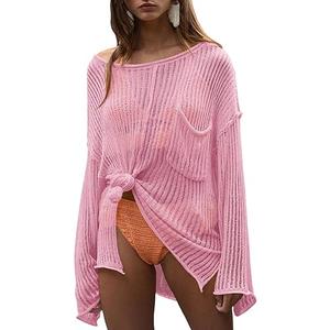 Saodimallsu Womens Sheer Swimsuit Coverup Top Bell Long Sleeve Mesh Ribbed Boat Neck Side Slit Beach Vacation Outfits Size S