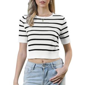 Allegra K Short Sleeve Striped Top for Women Crew Neck t Shirts 2026 Summer Knit Casual Cropped Pullover Sweater (Medium, Black Striped)