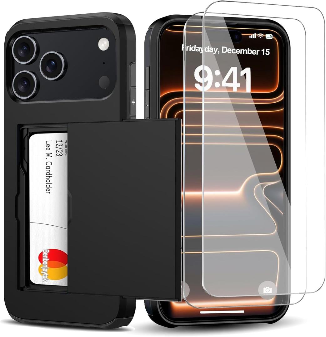 for iPhone 17 Pro Wallet Case with Card Holder + 2 Tempered Glass Screen Protector Protective Shockproof Hidden Card Slot Slim Case Women Men for iPhone 17 Pro 6.3Black