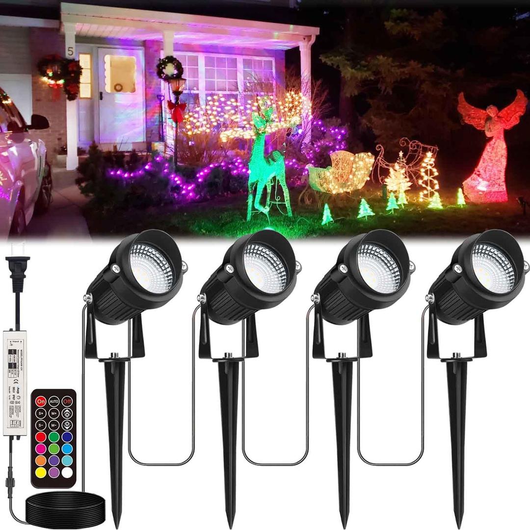 Christmas Halloween Spotlight Outdoor, 24W RGB Color Changing Landscape Lighting with 12 Colors 19 Modes, 120V Waterproof Spotlight with Remote, Outdoor LED Spot Lights for Yard Garden Dcor 4 Pack (RGB (Red, Green, Blue)