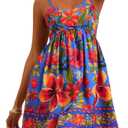 SOLY HUX Women's Summer Floral Print Mini Dress V Neck Spaghetti Strap A Line Flowy Boho Vacation Dresses Sundress Blue Floral X-Large