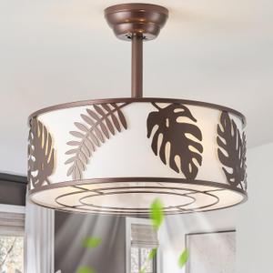 20" Farmhouse Rustic Caged Ceiling Fan with Light, Brown Fandelier Ceiling Fan with Light, Brown Bladeless Caged Fandelier for Bedroom, Nursery, Living Room